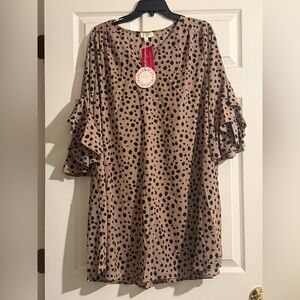 NEW Umgee Taupe Dress with Black Polka Dots and Ruffle Sleeves